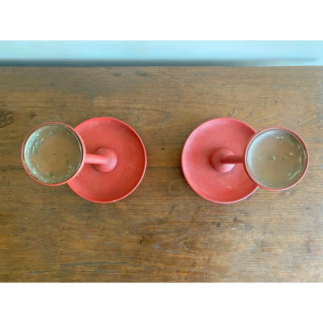 Japanese Red Lacquer Ribbed Candle Holder Pair, Meji Period C. 1900 For Sale - Image 9 of 10