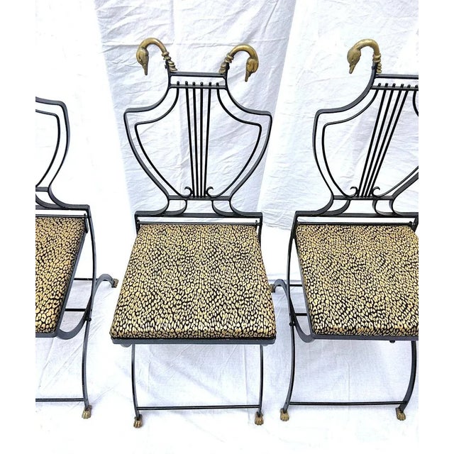 Neoclassical Neoclassical Wrought Iron Lyre Back Folding Garden Chairs With Brass Swan Heads and Feet, Circa 1930s – Set of 4 For Sale - Image 3 of 10