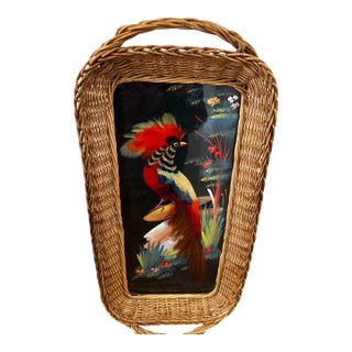 Vintage Mid Century Mexican Handmade Painted Feathered Bird Tray For Sale