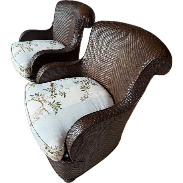 Rattan Wicker Lounge Chairs by Hickory Chair, Upholstered in Colefax & Fowler, Set of 2 For Sale - Image 11 of 18