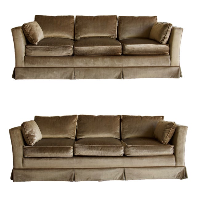 Late 20th Century Champagne Velvet Pair of Tuxedo Sofas by Sherrill, Made in Usa For Sale