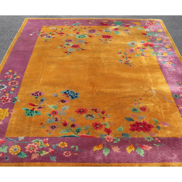 Antique Art Deco Rug in Marigold Field With Plum and Floral Accents For Sale - Image 4 of 15