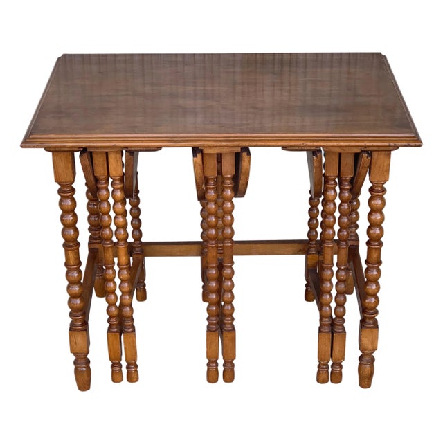 20th Spanish Walnut Nesting and Folding Tables with Turned Legs For Sale