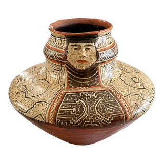 Large Peru Shipibo-Conibo Mahuetá Anthropomorphic Peruvian Pottery Vessel: Kené Pattern Tribal Art Ceramic Vase For Sale