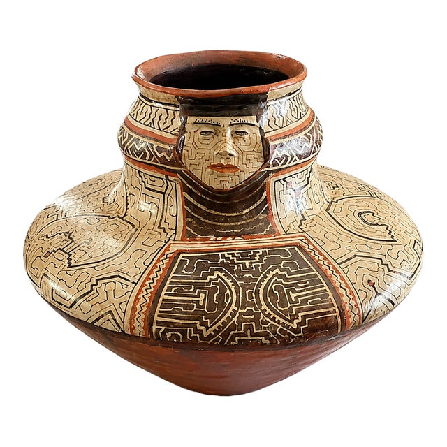 Large Peru Shipibo-Conibo Mahuetá Anthropomorphic Peruvian Pottery Vessel: Kené Pattern Tribal Art Ceramic Vase For Sale