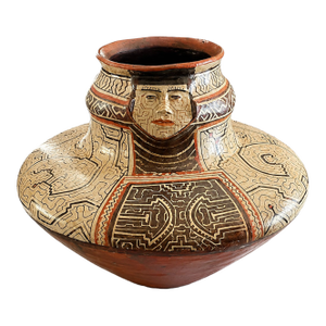 Large Peru Shipibo-Conibo Mahuetá Anthropomorphic Peruvian Pottery Vessel: Kené Pattern Tribal Art Ceramic Vase