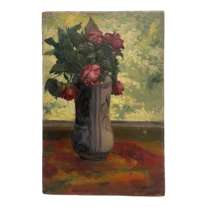 Painting Roses Against the Light 1947 Signed Martin Sauvaigo (1881-1970) Oil Painting on Panel France