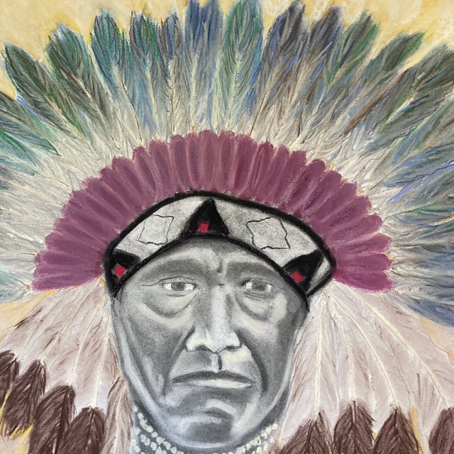 Original Folk Art Pastel Drawing of an Indian Chief For Sale - Image 4 of 7