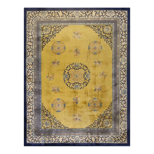 1920s Yellow Classic Greek Key Medallion Antique Chinese Peking Carpet 9'' X 12' For Sale
