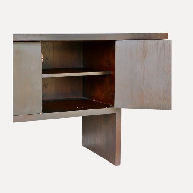 Wood Large Dark-Stained Oak Sideboard with Overhanging Top and 3 Large Doors with Leather Straps, France, 1950s For Sale - Image 7 of 13