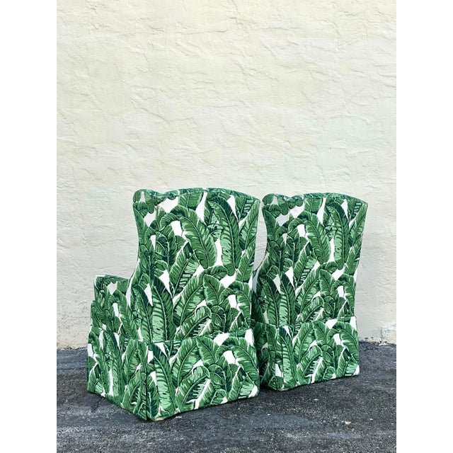 Vintage Coastal Palm Frond Skirted Wingback Chairs - a Pair For Sale - Image 11 of 12