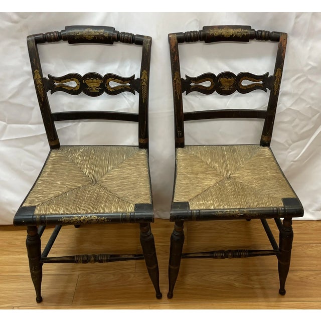 Pair of Sheraton Fancy Early 19th Century Hitchcock Chairs With Rush Seats For Sale In San Francisco - Image 6 of 11