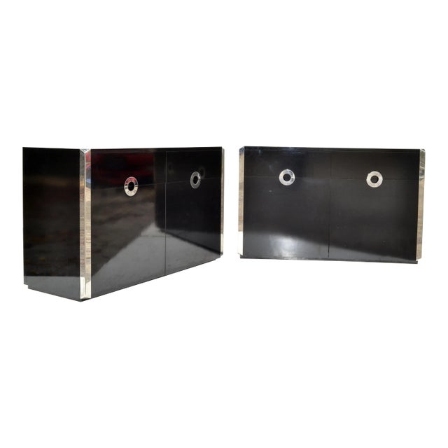 Willy Rizzo Black Laminated Wood & Chrome Sideboard, Dresser, Cabinet Italy Pair For Sale