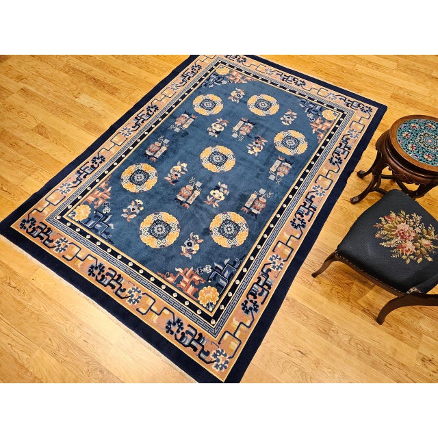 Vintage Art Deco Chinese Rug, Handwoven Wool Pile, Floral Design, Blue, 6' x 8' For Sale - Image 4 of 14