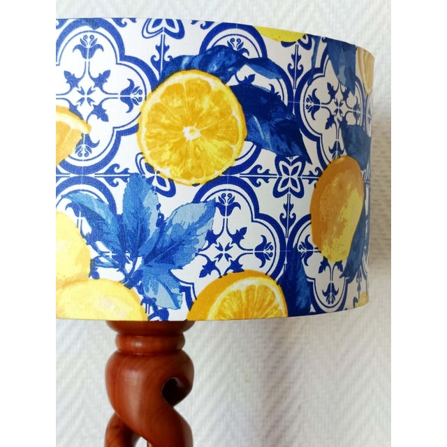Turned Wood Lamp with Azulejo Lemon-Patterned Lampshade, 1960s For Sale - Image 3 of 9