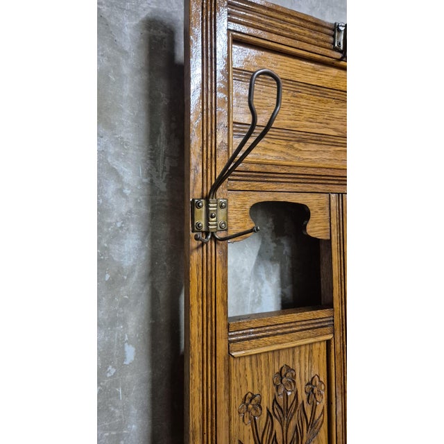 Brown Vintage Carved Oak Hall Tree with Mirror and Coat Hooks, 1940s For Sale - Image 8 of 17