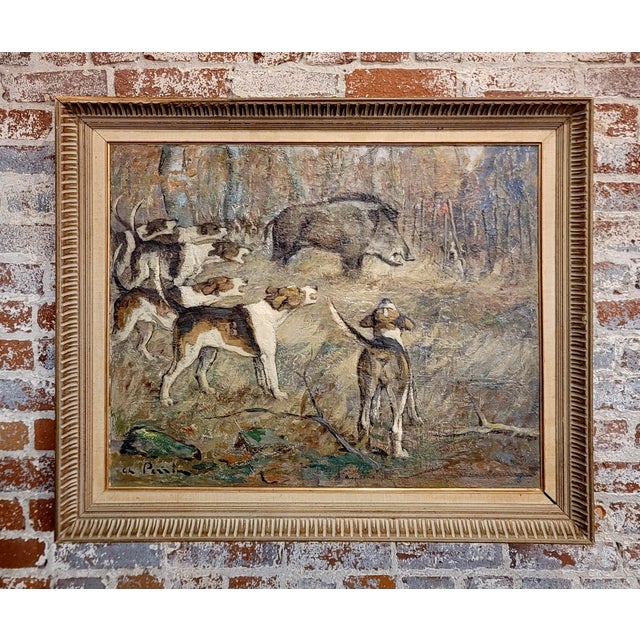 Charles Perrin-Wild Boar Hunting with dogs -1920s Sporting Oil painting French Impressionist - oil painting on board -...