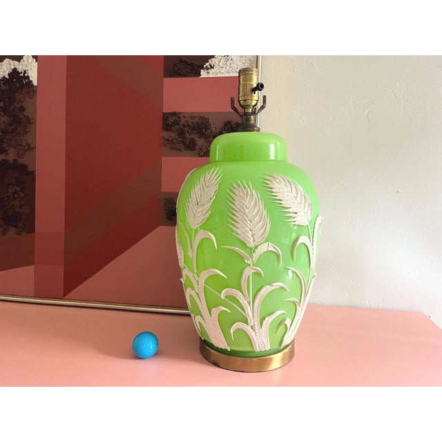 Bright Green 1970s Green Palm Ginger Lamp & Shade For Sale - Image 8 of 18