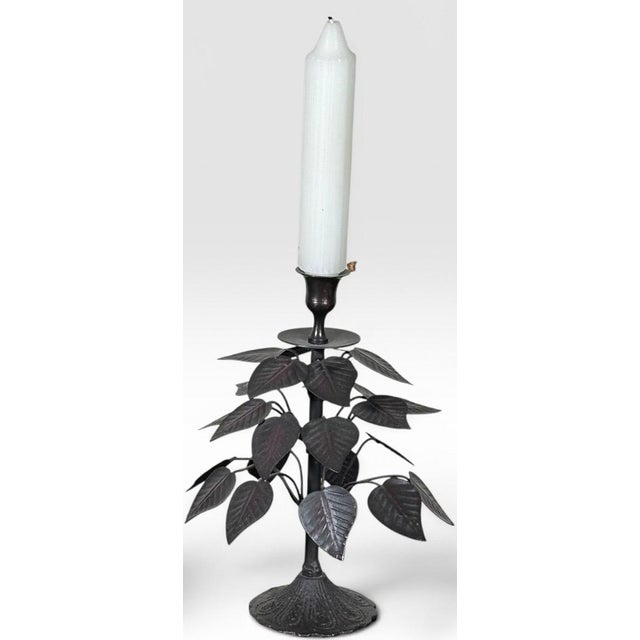 Vintage Brutalist Hollywood Regency Metal Leaf Candlesticks - A Pair For Sale - Image 4 of 13