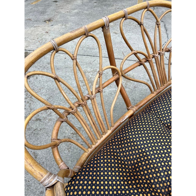 Boho Chic 1970s Albini Style Bamboo Settee With Polka Dot Cushion For Sale - Image 3 of 5