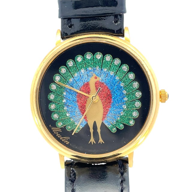 Black Moulin Peacock Dial Gemstone Studded Quartz Vintage Watch For Sale - Image 8 of 8