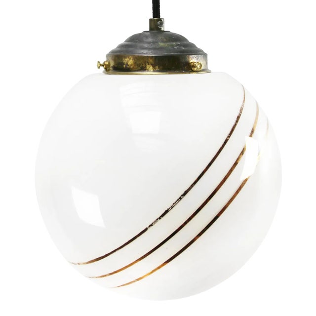 Vintage European Gold-Striped Opaline Glass Globe Pendant with Brass Top For Sale