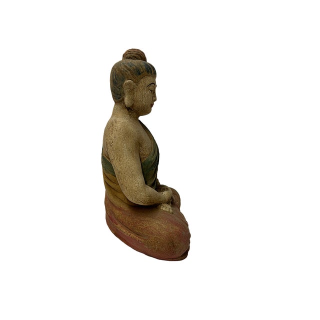 Tan 9" Chinese Meditation Cross Legs Sitting Buddha Wood Statue For Sale - Image 8 of 8