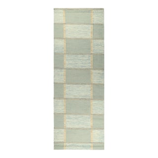 Rug & Kilim’s Scandinavian Kilim Style Runner in Seafoam Geometric Pattern For Sale