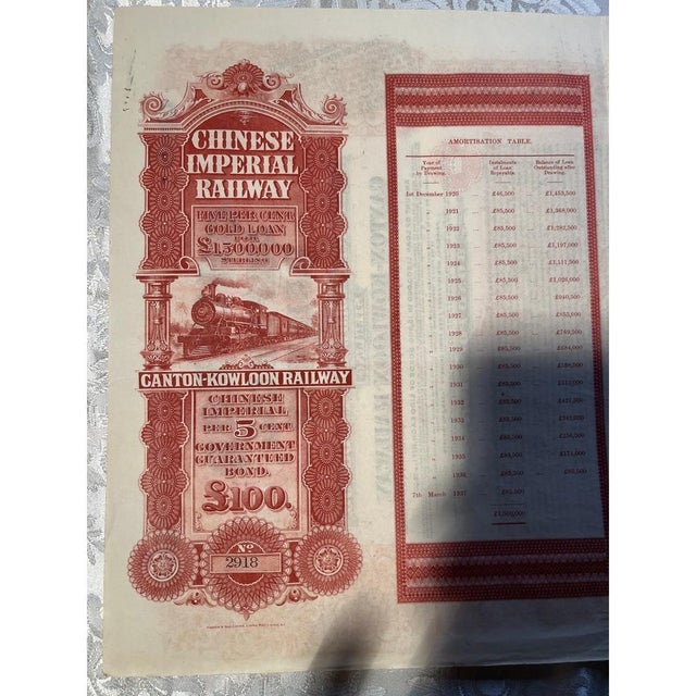 1907 Chinese Imperial Railway Canton-Kowloon £100 Gold Bond - Uncancelled For Sale In San Francisco - Image 6 of 10