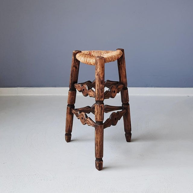 Wood French Tripod Wood and Rush Stool, 1950s For Sale - Image 7 of 7