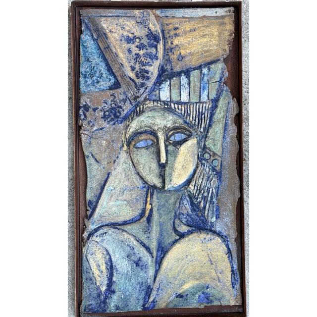 Original 1960s large mid century modern triptych made of relief stoneware/ pottery depicting a nude woman. It is comprised...