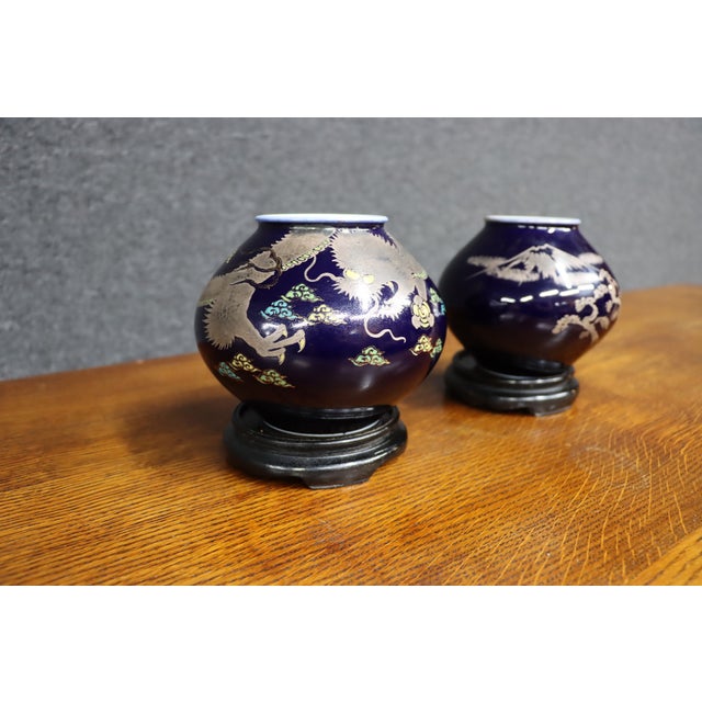Pair of Japanese Cobalt Blue Porcelain Vases With Copper Overlay For Sale - Image 9 of 12