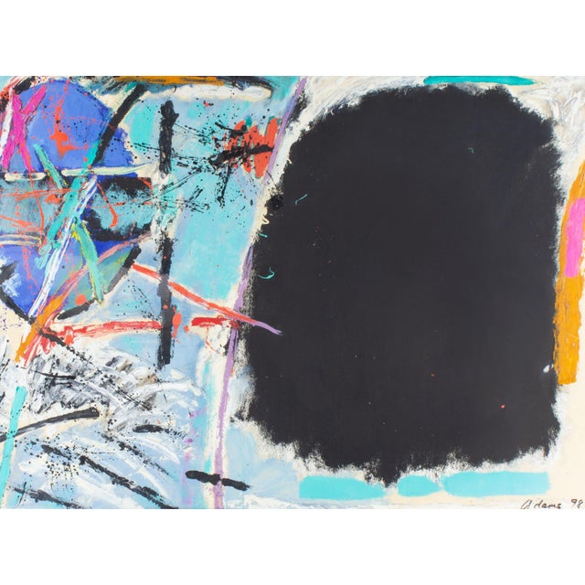 A 1998 abstract oil on paper painting by the American artist Jerry Adams. This painting features a large black orb on the...