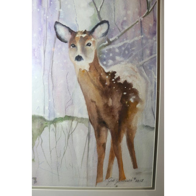 Original 2018 Jill Y. Crouch Deer in Snow Animal Figural Watercolor Painting Art For Sale - Image 11 of 12