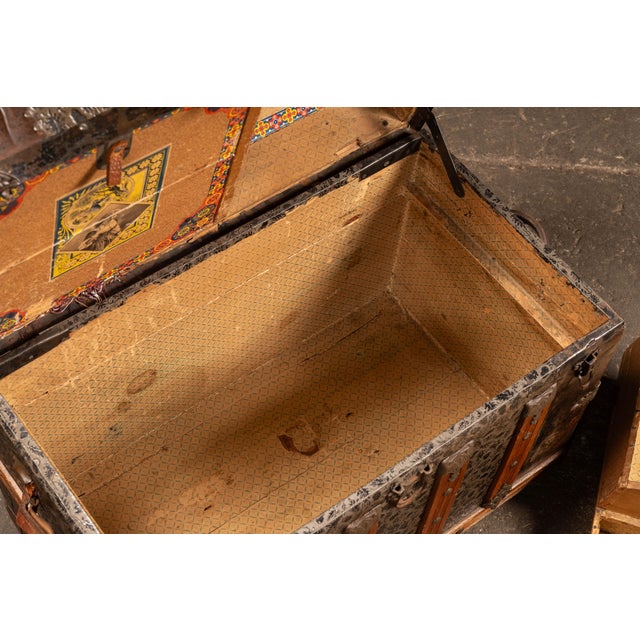 Brown Antique Embossed Metal Dome Top Steamer Trunk For Sale - Image 8 of 11
