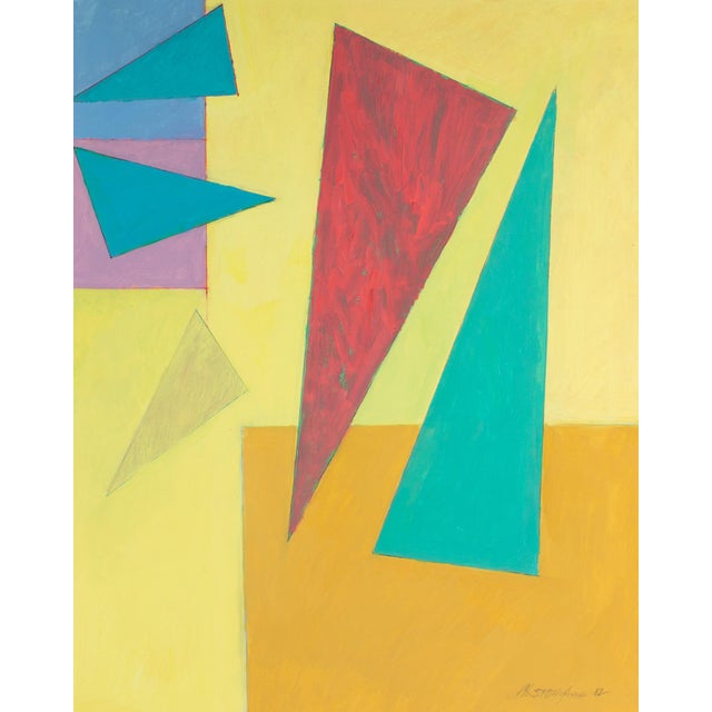 A 1982 acrylic on paper painting by the American artist Walter Stomps (1929-2020). This abstract painting consists of red,...