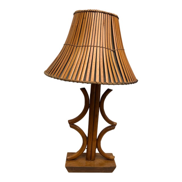 1950s Bohemian Bent Bamboo Table Lamp Original Bamboo Shade For Sale