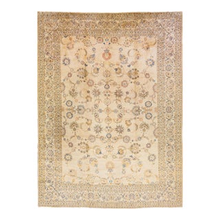 Floral Antique Persian Kashan Handmade Wool Rug in Beige For Sale