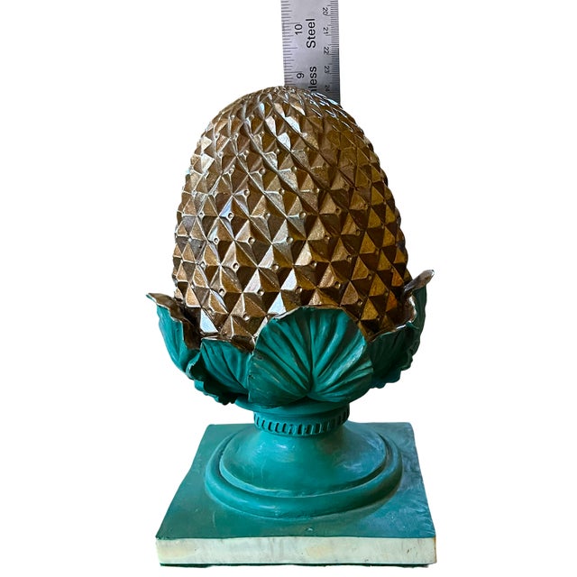 1960s Gold & Green Pinecone Finial Sculpture With Acanthus Leaf Motif and Square Plinth For Sale - Image 9 of 10