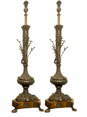 Large Bronze and Wood Sculptural Branch Shaped Table Lamps in the style of Louis Seize, France, 1890s, Set of 2