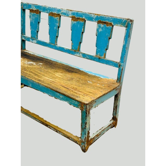 Wood Early 20th Century Rustic Distressed Blue Wooden Bench With Geometric Cutout Backrest For Sale - Image 7 of 8