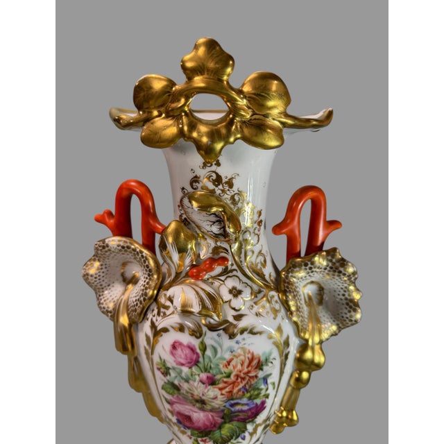 Early 20th Century Antique Old Paris 2 Piece Bolted Porcelain Floral & Gilt Decorated Handled Vase For Sale - Image 5 of 9
