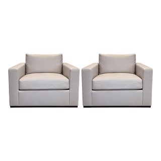 Holly Hunt Gryphon Leather Swivel Club Chairs- A Pair For Sale