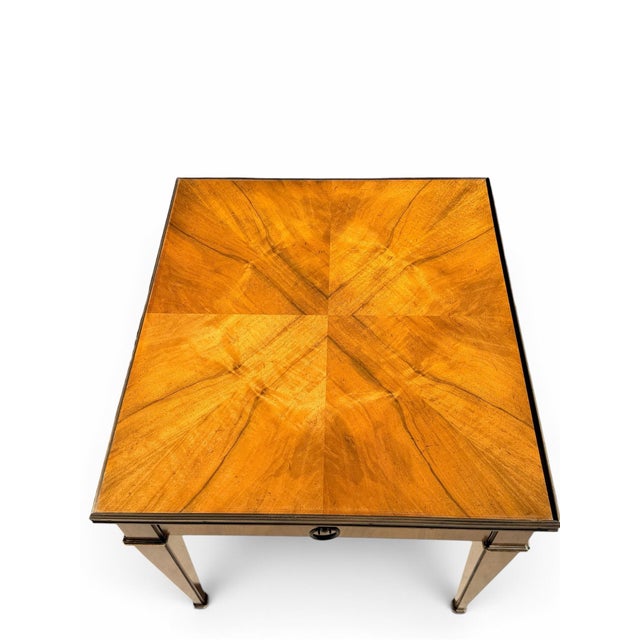 Neoclassical 1970s Baker Furniture Satinwood & Brass Neoclassical End Tables With Glass Tops, Pair For Sale - Image 3 of 12