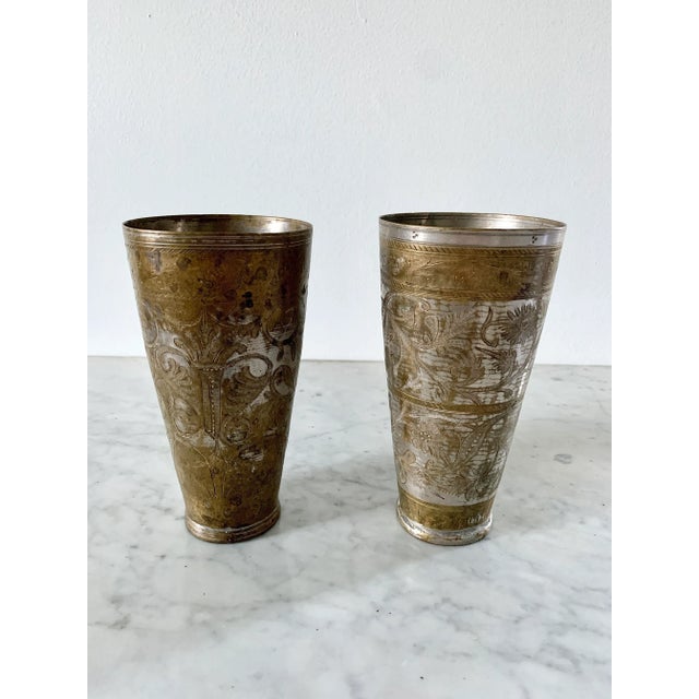 Indian Antique Indian Etched Brass Lassi Cups or Bud Vases, a Pair For Sale - Image 3 of 14
