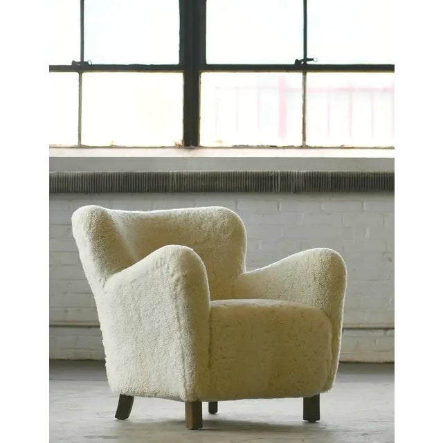 2020s Pair of Custom Made 1940's Style Lounge Chair Upholstered in Beige Sheepskin Shearling For Sale - Image 5 of 8