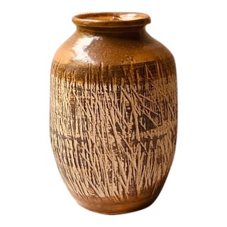 Vintage Studio Pottery Stoneware Vase, Sgraffito, Earthy Glaze For Sale
