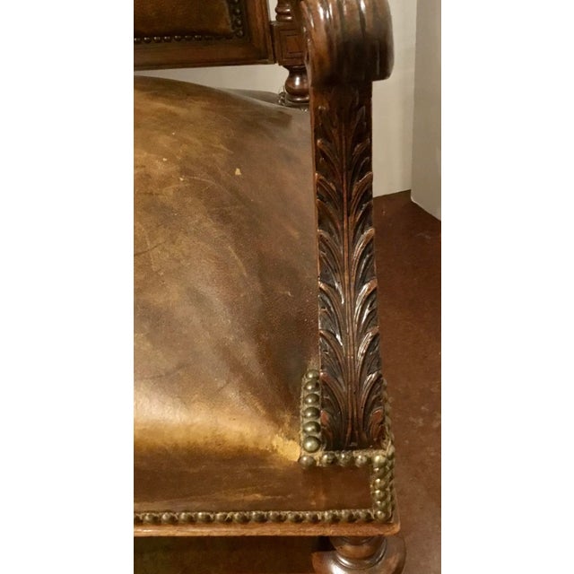 Antique Carved Wood Brown Leather Arm Chairs - a Pair For Sale - Image 4 of 12