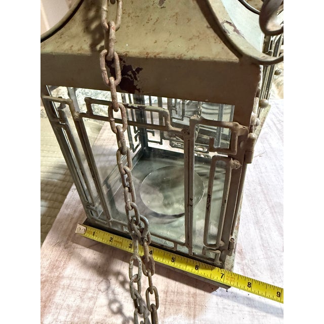 Shabby Chic Pair of Vintage Metal Chinoiserie Pagoda-Style Hanging Lanterns With Weathered Sage Green Finish For Sale - Image 3 of 12