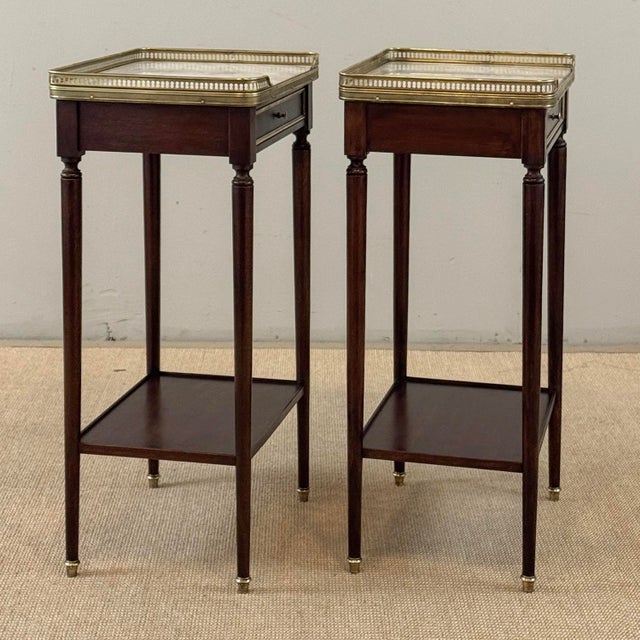 Pair of Antique French Louis XVI Mahogany End Tables With Carrara Marble Tops For Sale - Image 14 of 18